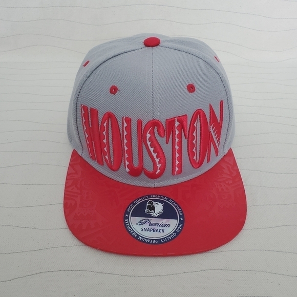 NEW Premium Mens Houston Snapback Hat Flat Bill Cap Red Gray Unual Pattern - Picture 1 of 9
